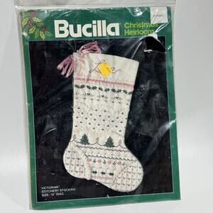 Vtg Bucilla Victorian Christmas Heirloom Stitchery Stocking Kit 18" Pink Green